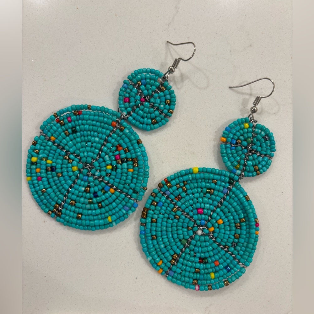 Handcrafted in Kenya Artisan Turquoise color Seed Bead Earrings Boho Festival